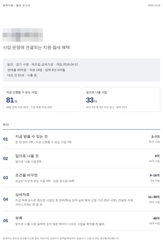 보고서 표지. 지금 신청할 수 있는 사업 수와 앞으로 나올 사업 수, 목차