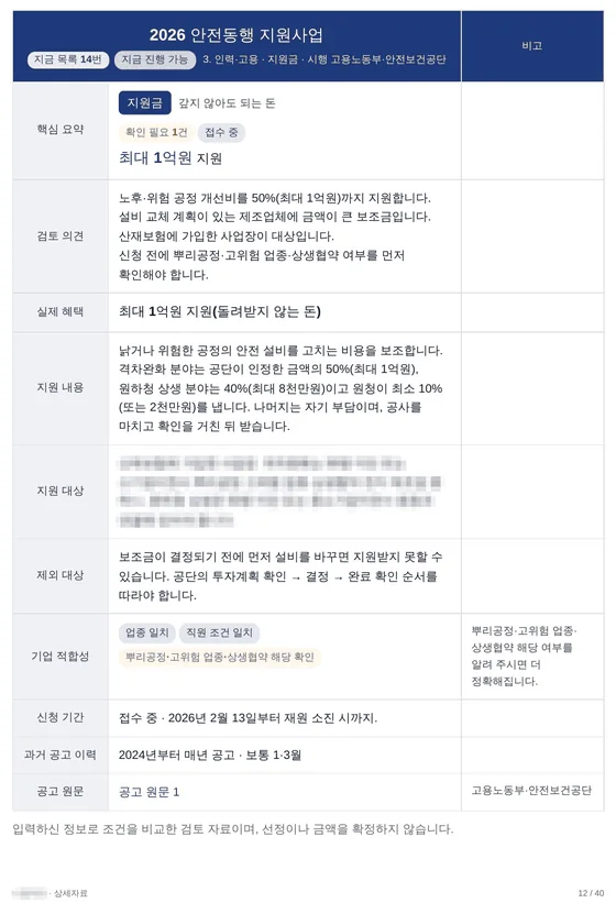 사업 상세 쪽. 지원 내용, 제외 대상, 신청 기간, 공고 원문
