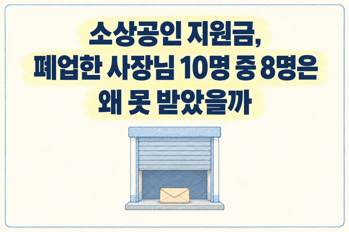 소상공인 지원금 칼럼 표지. 문이 반쯤 닫힌 가게 앞에 뜯지 않은 봉투가 놓인 그림