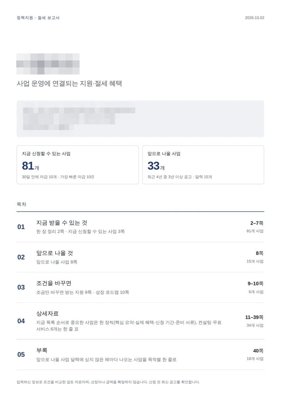직원 18명인 제조 법인 보고서 표지. 지금 신청할 수 있는 사업 81개, 앞으로 나올 사업 33개