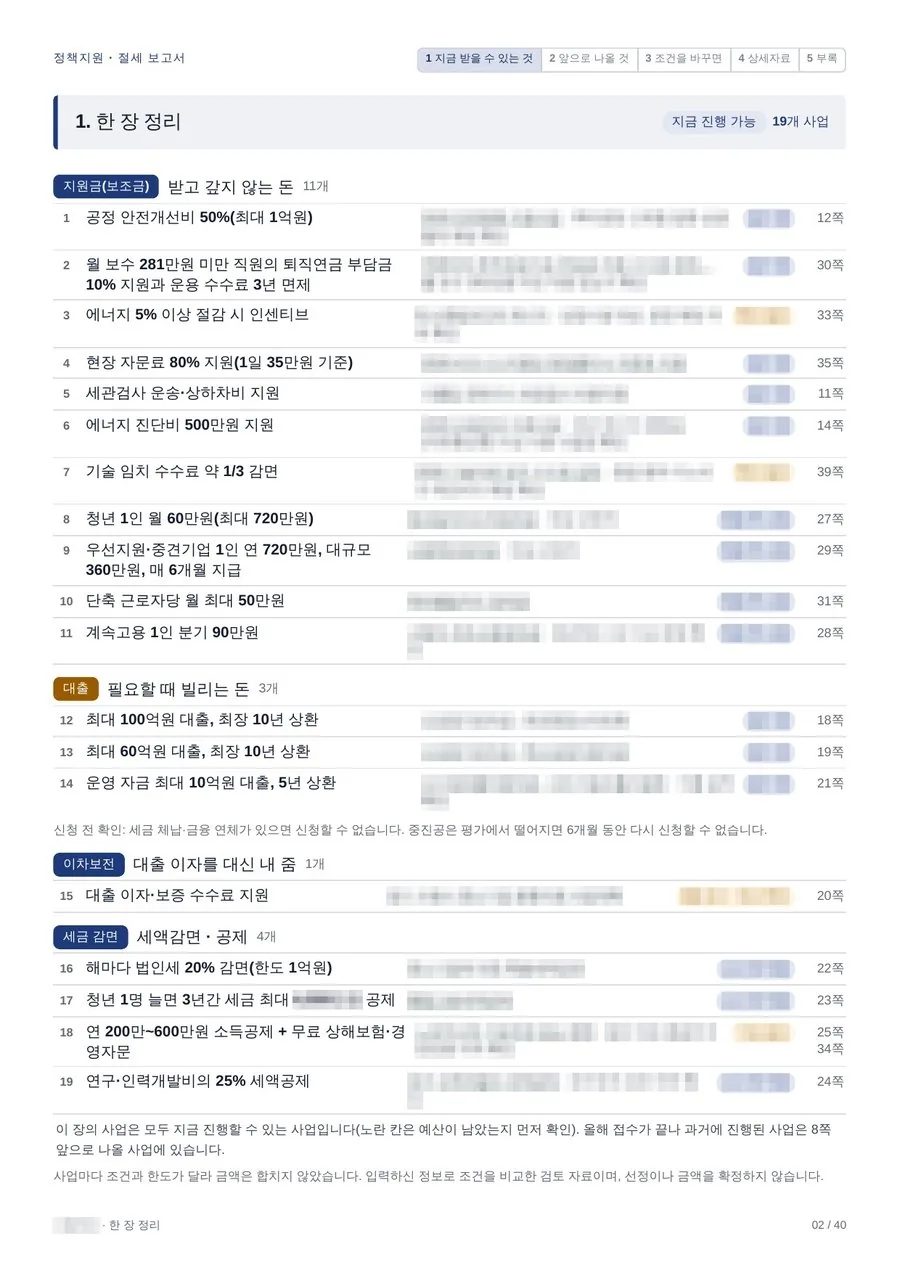 직원 18명인 제조 법인 보고서 2쪽. 지원금 11개, 대출 3개, 이자 지원 1개, 세금 감면 4개를 한 쪽에 정리한 화면
