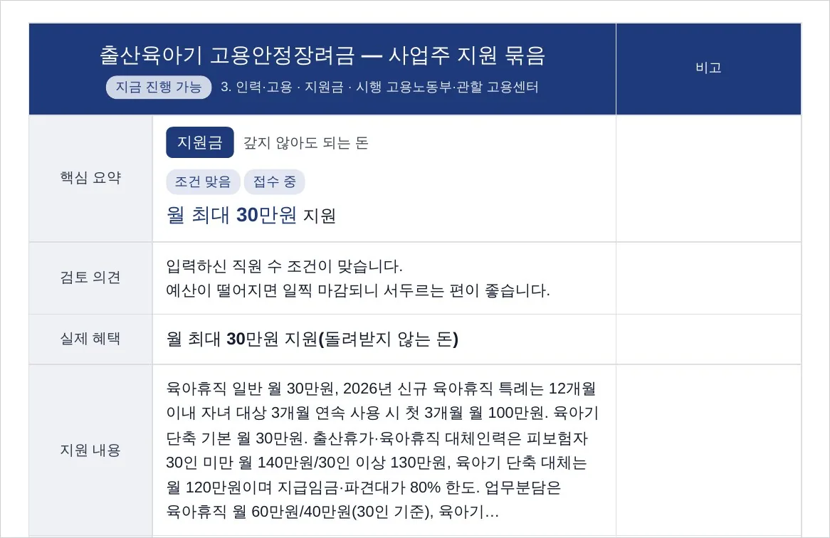 직원 2명인 음식점 보고서 23쪽. 핵심 요약과 지원 내용 칸