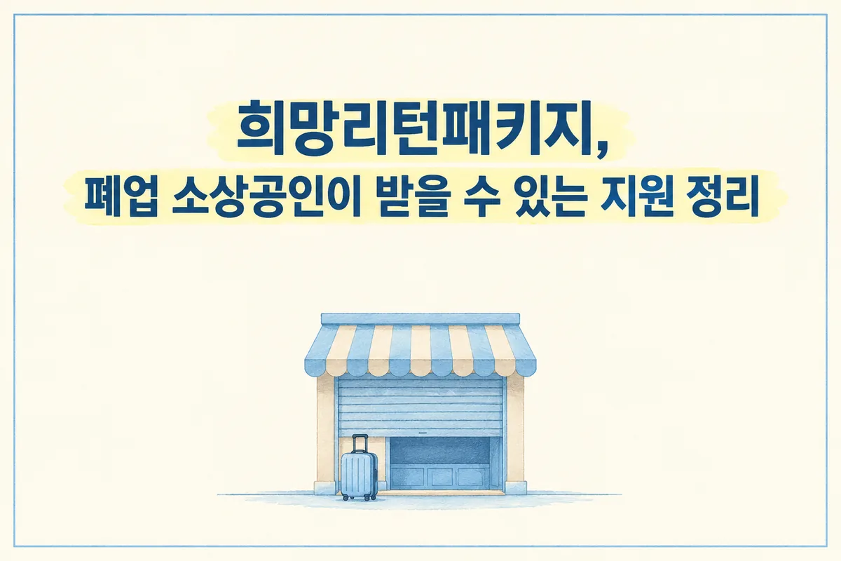 희망리턴패키지 칼럼 표지. 셔터가 반쯤 내려진 가게 앞에 작은 여행 가방이 놓인 파스텔 수채 그림