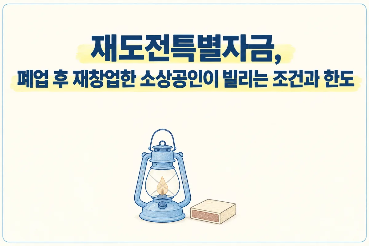 재도전특별자금 칼럼 표지. 다시 불을 밝힌 작은 랜턴과 그 옆에 놓인 성냥갑을 그린 파스텔 수채 그림