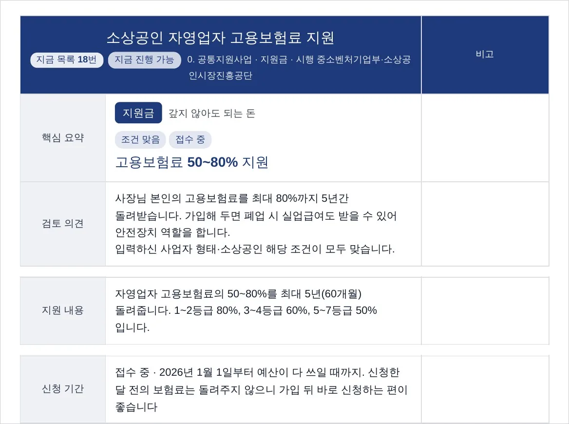 직원 2명인 음식점 보고서 20쪽. 핵심 요약, 검토 의견, 지원 내용, 신청 기간 칸