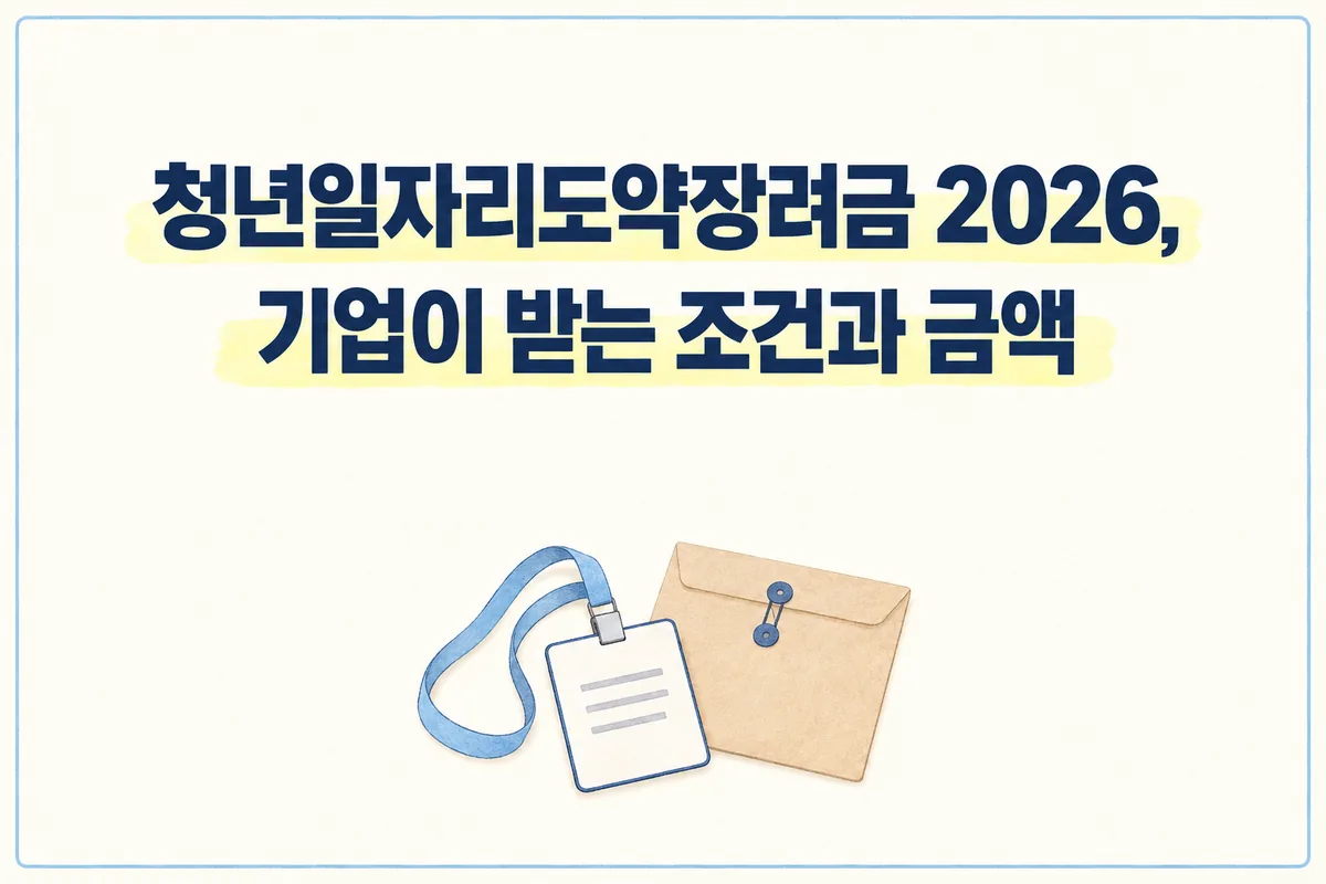 청년일자리도약장려금 칼럼 표지. 책상 위 새 사원증 목걸이와 서류 봉투를 그린 파스텔 수채 그림